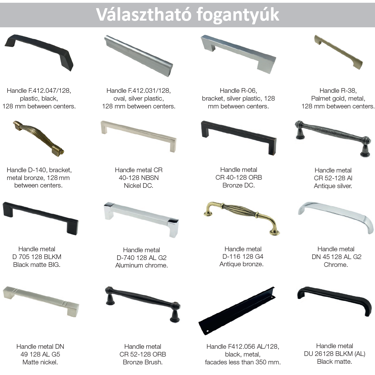 választható 128 mm-es fogantyúk