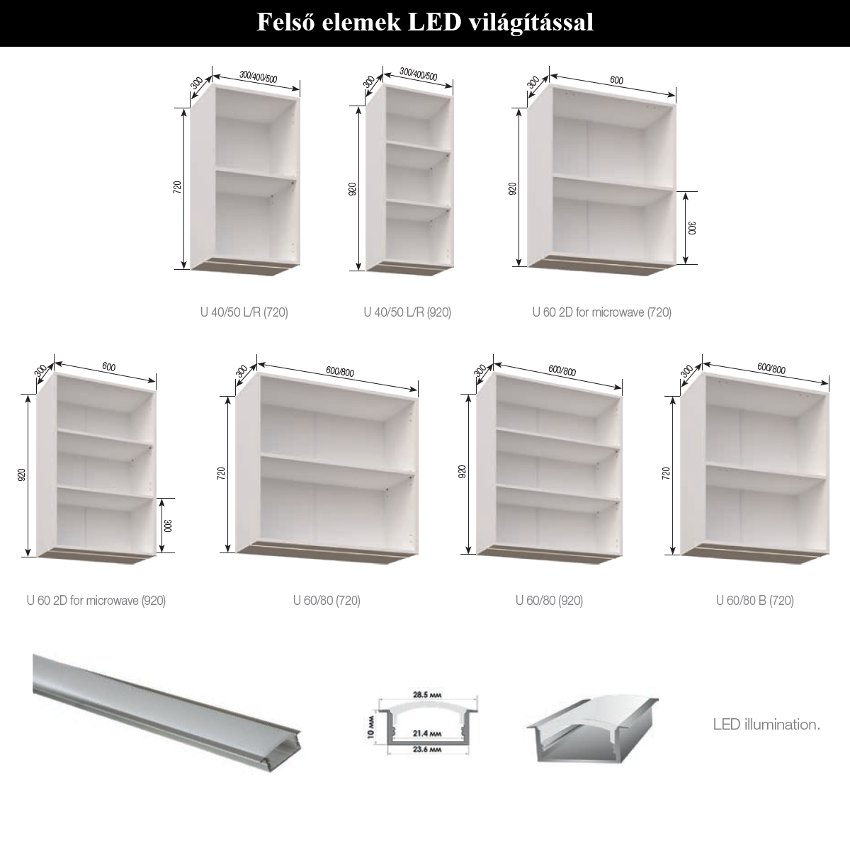 Választható felső elemek led világítással